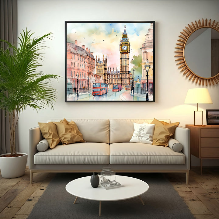 Wadi Home London cityscape watercolor art with Big Ben and red buses. Soft, warm colors.