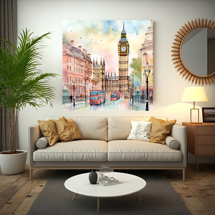 Wadi Home London cityscape watercolor art featuring Big Ben and red double-decker buses in soft, warm colors.