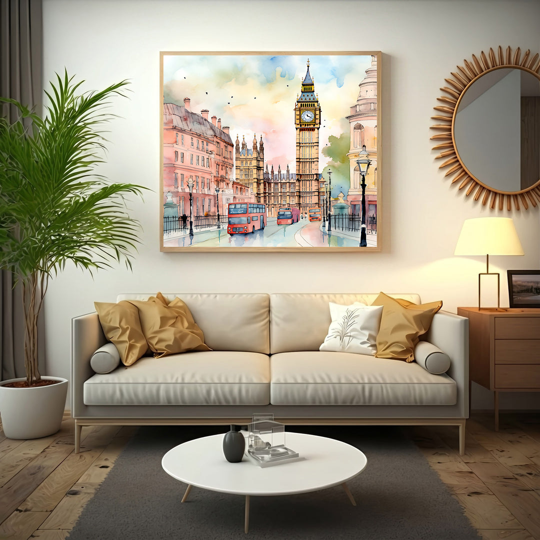 Wadi Home London cityscape watercolor art print featuring Big Ben and red double-decker buses in a warm, artistic style.