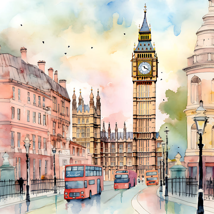 Wadi Home London cityscape watercolor art featuring Big Ben and red double-decker buses in soft, warm colors.