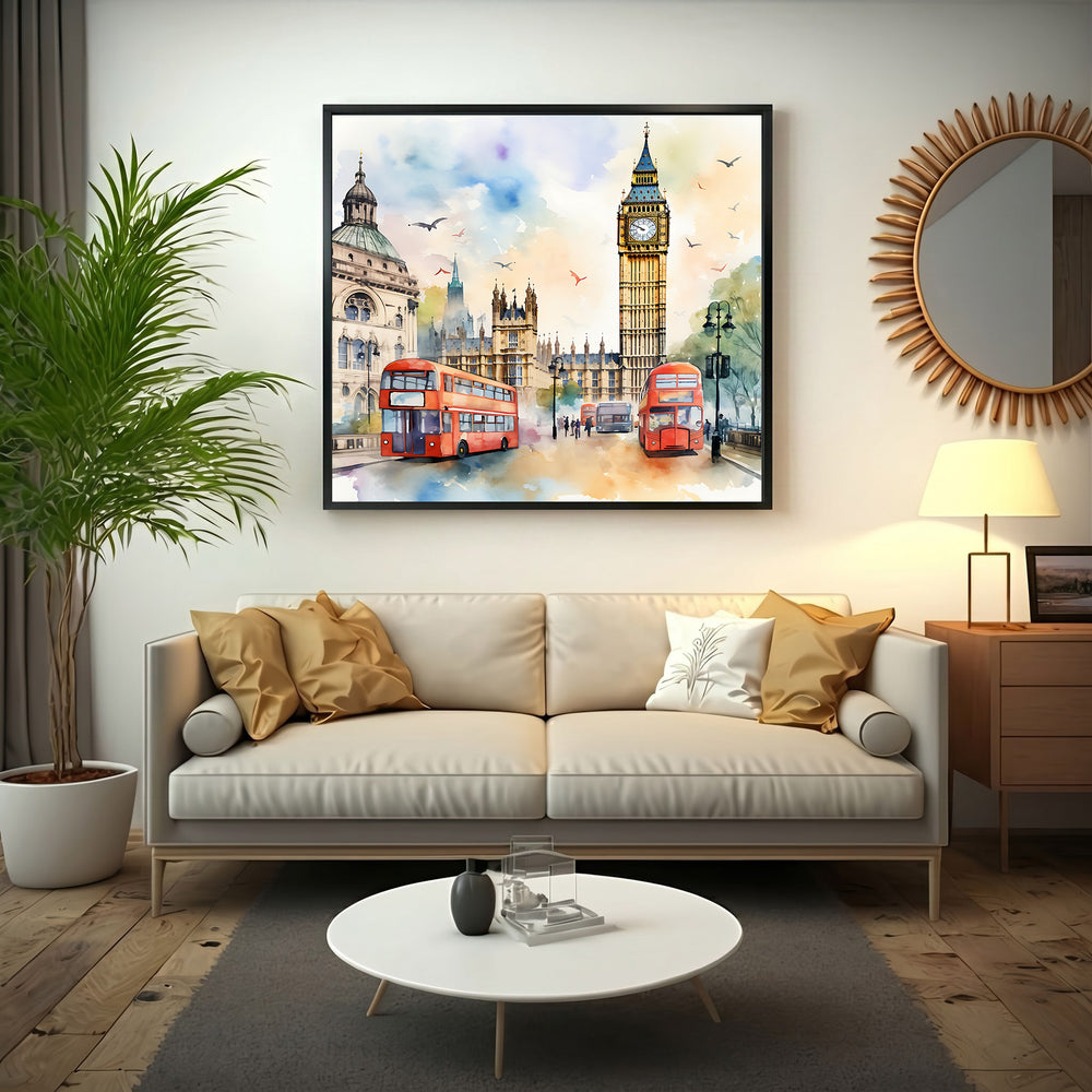 Wadi Home London cityscape watercolor art print featuring red double-decker buses and Big Ben.