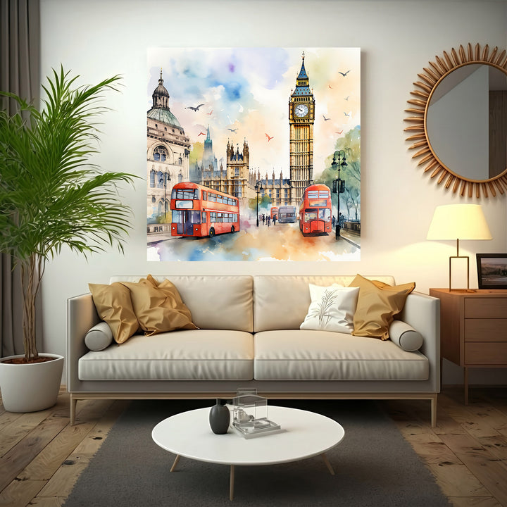 Wadi Home watercolor art print of London cityscape with red double-decker buses and Big Ben.