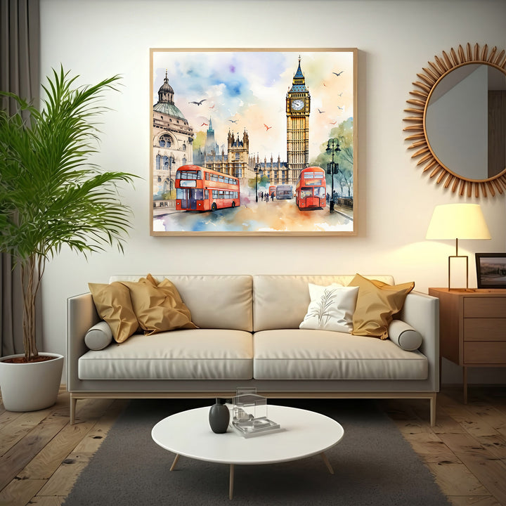 Wadi Home London cityscape watercolor art print featuring red double-decker buses and Big Ben.