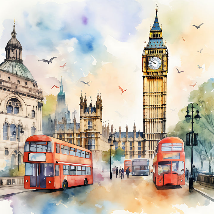 Wadi Home watercolor art print of London cityscape with red double-decker buses and Big Ben.