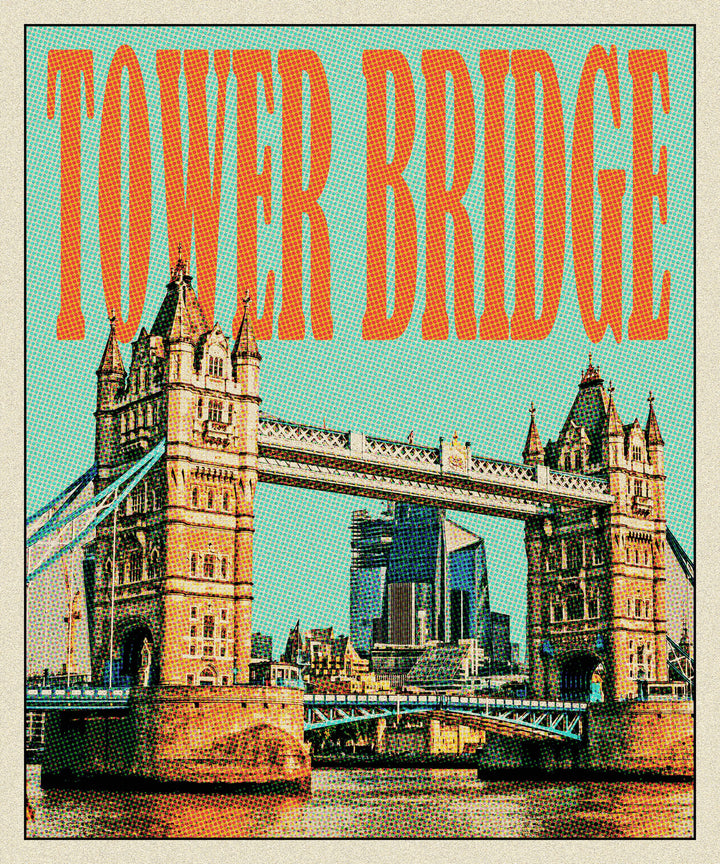 Wadi Home vintage-style artwork of Tower Bridge, London, with retro color palette and classic depiction.