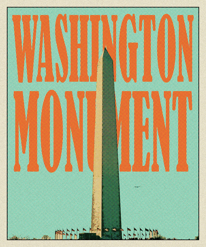 Wadi Home Washington Monument vintage poster with orange text and teal background, featuring a stylized obelisk and flags.