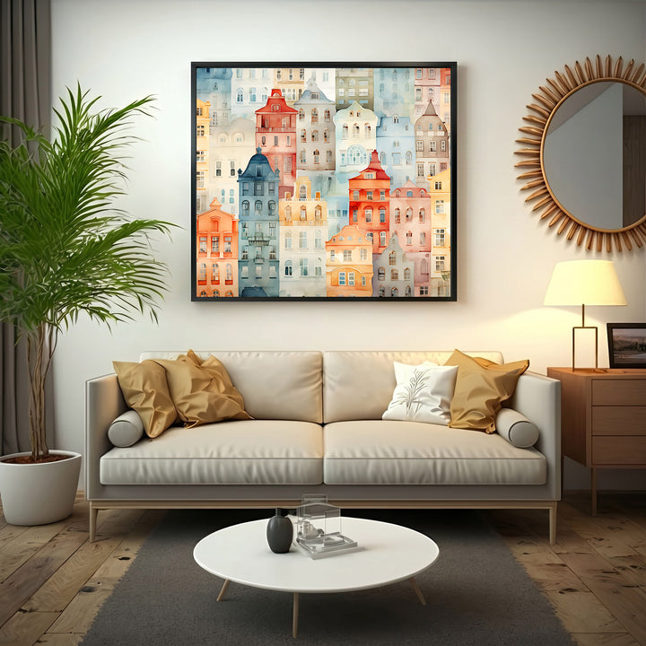 Wadi Home watercolor cityscape wall art featuring colorful European buildings in red, blue, and orange hues.