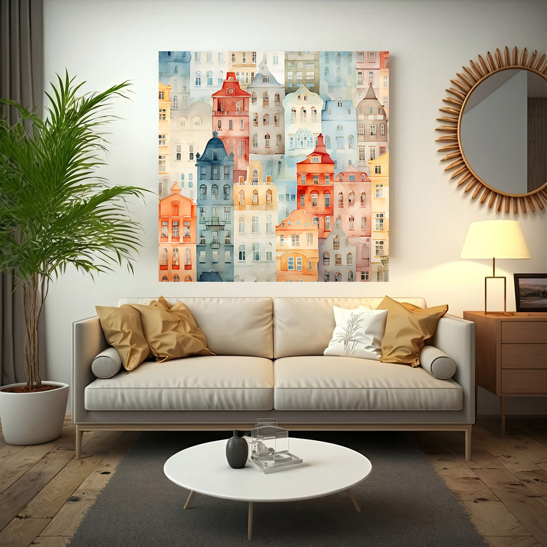 Wadi Home watercolor cityscape wall art featuring colorful European buildings in a soft, artistic style. Adds charm and sophistication.