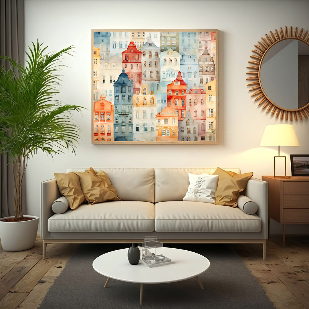 Wadi Home watercolor cityscape art print featuring colorful European buildings in a playful, artistic style.