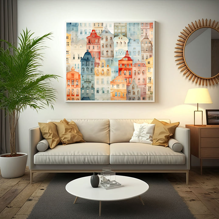Wadi Home watercolor cityscape wall art featuring colorful European buildings in a playful, artistic style.