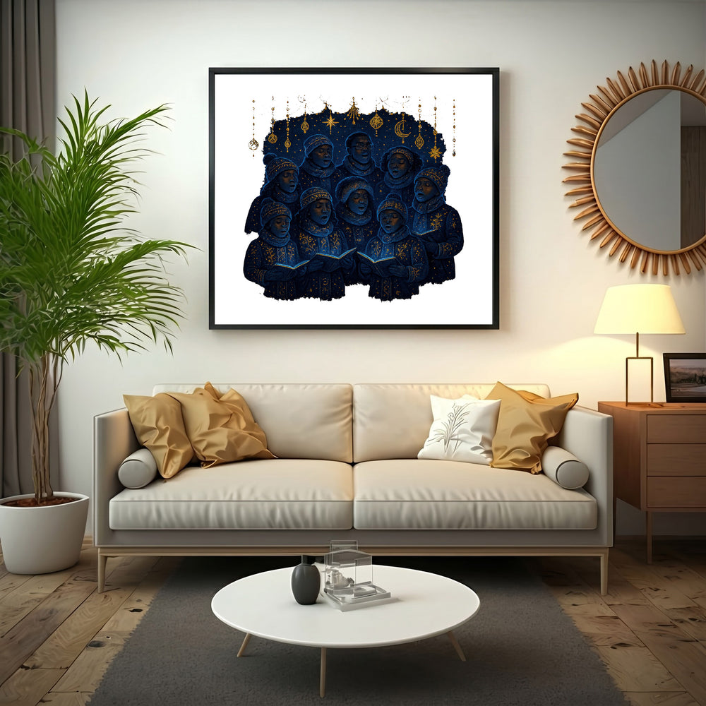 Wadi Home Celestial Choir wall art featuring a group of figures in deep blue with gold accents singing from books, set against a starry night sky.