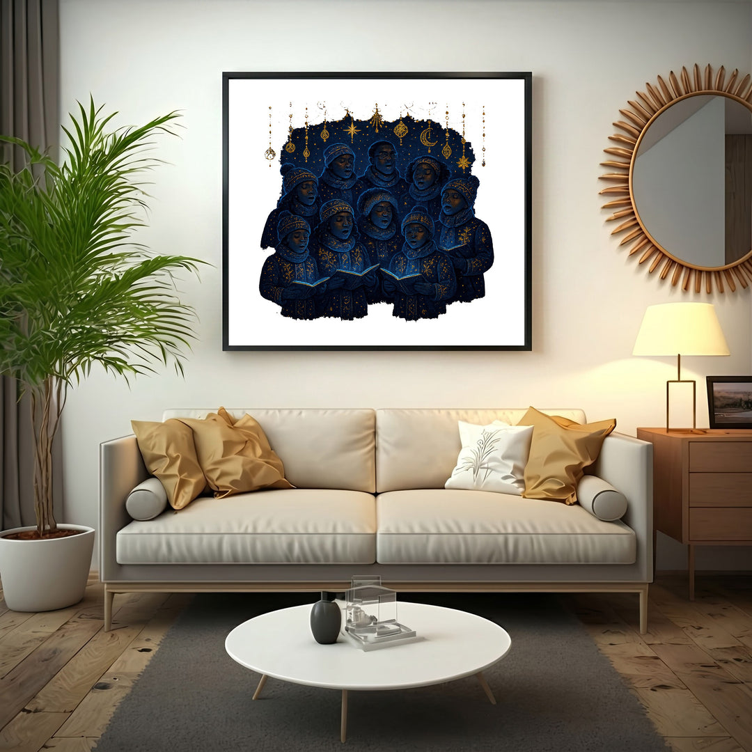 Wadi Home Celestial Choir wall art featuring a group of figures in deep blue with gold accents singing from books, set against a starry night sky.