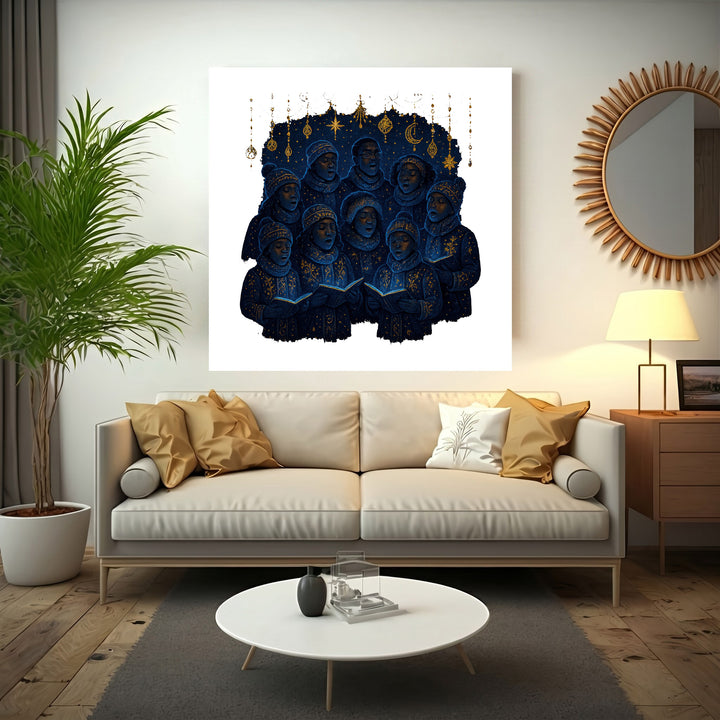 Wadi Home Celestial Choir wall art featuring a group of figures in deep blue with gold accents singing from open books under a starry sky.