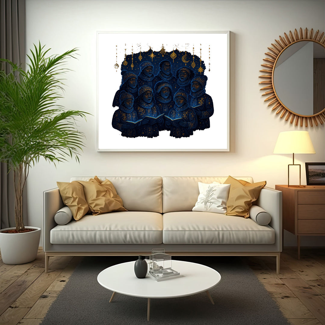Wadi Home Celestial Choir wall art, deep blue figures in gold-accented robes singing from books, starry night motif.