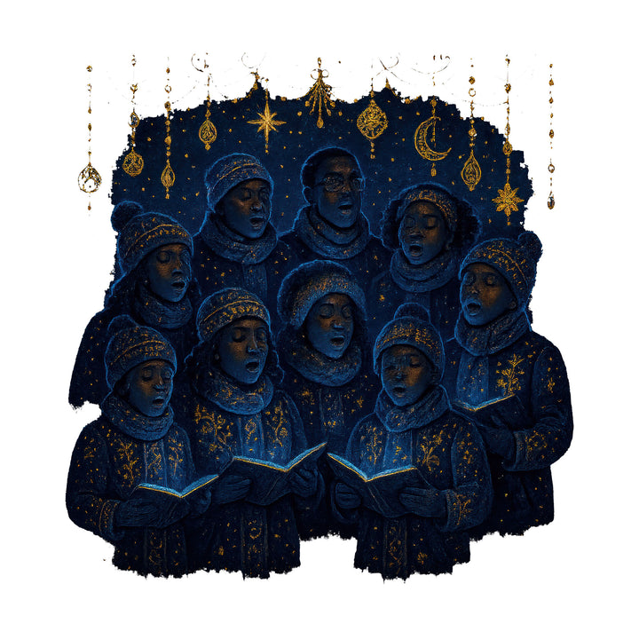 Wadi Home Celestial Choir wall art featuring a group of figures in deep blue with gold accents singing from open books under a starry sky.