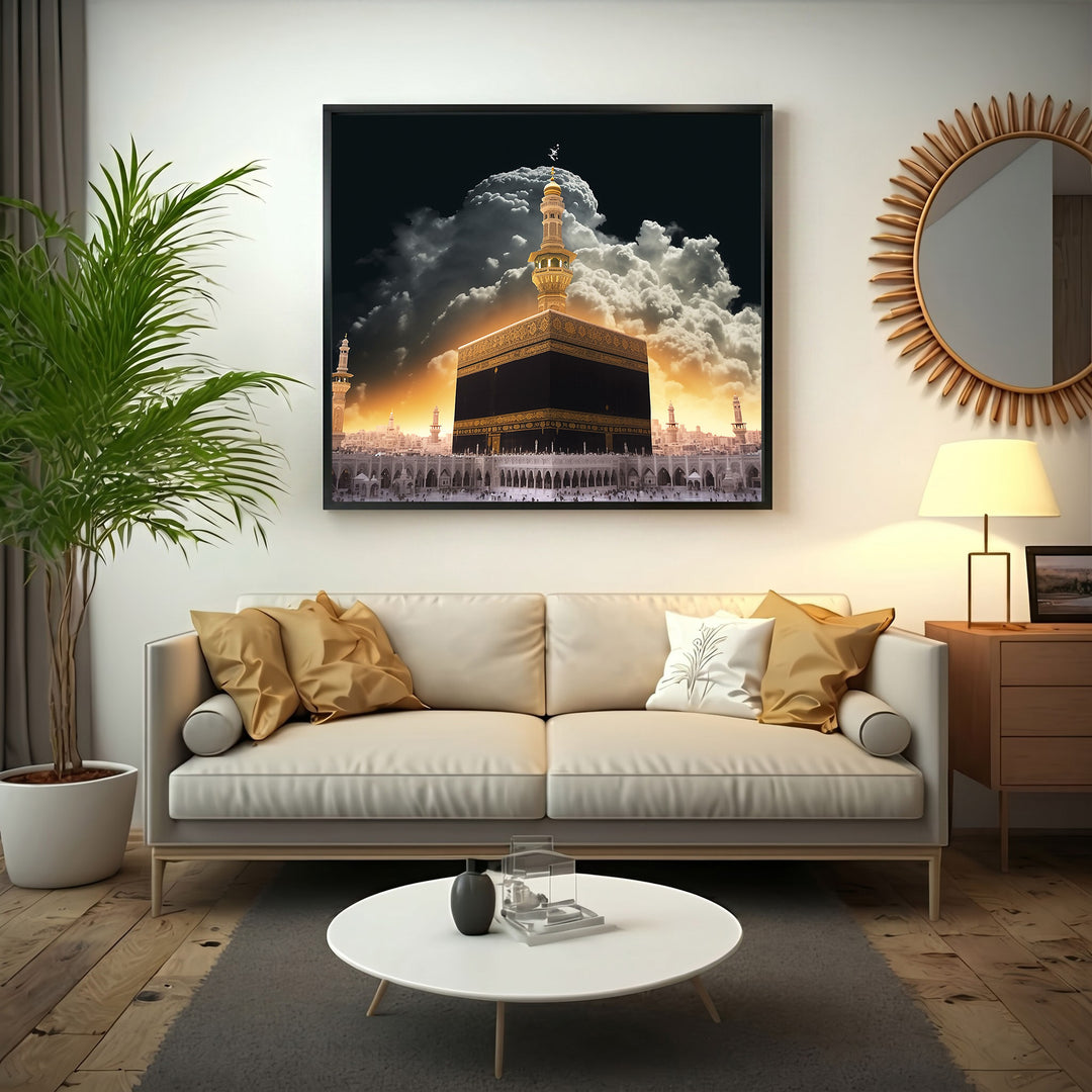 Wadi Home Islamic Kaaba artwork featuring the Kaaba in Mecca with golden light and dramatic clouds, printed on high-quality material.