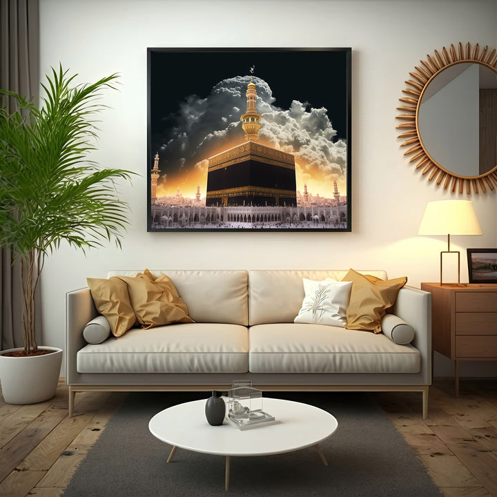Wadi Home Islamic Kaaba artwork featuring the Kaaba in Mecca with golden light and dramatic clouds, printed on high-quality material.