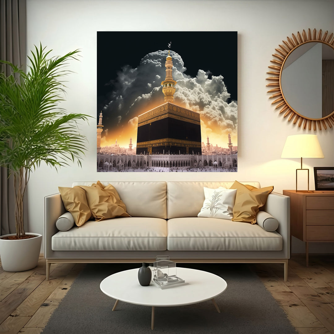 Wadi Home Islamic Kaaba artwork featuring the Kaaba in Mecca illuminated by golden light breaking through clouds, with pilgrims below.
