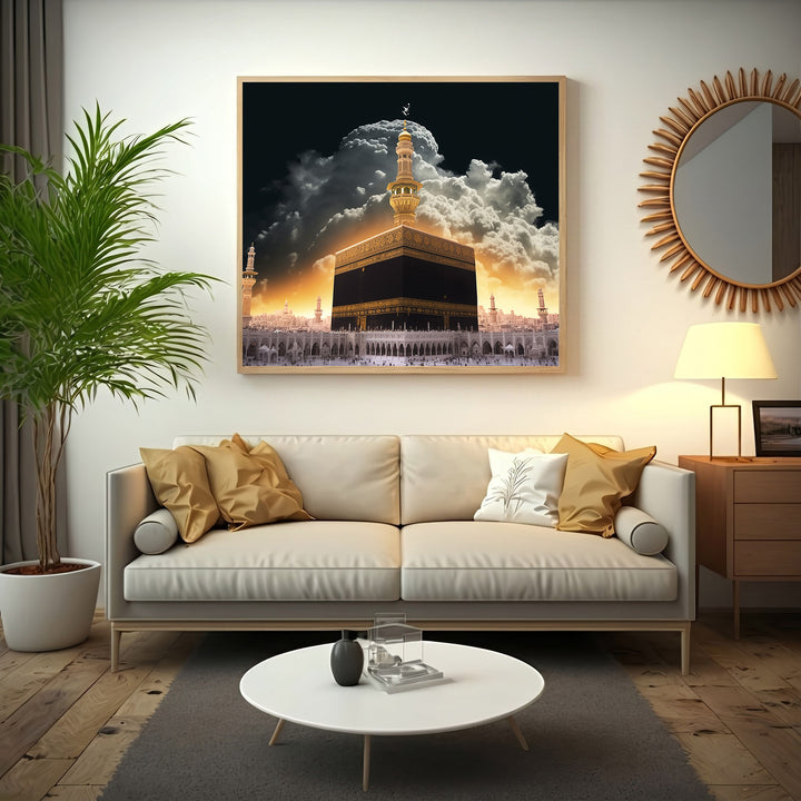 Wadi Home Islamic Kaaba artwork featuring the Kaaba in Mecca bathed in golden light with dramatic clouds and surrounding architecture.