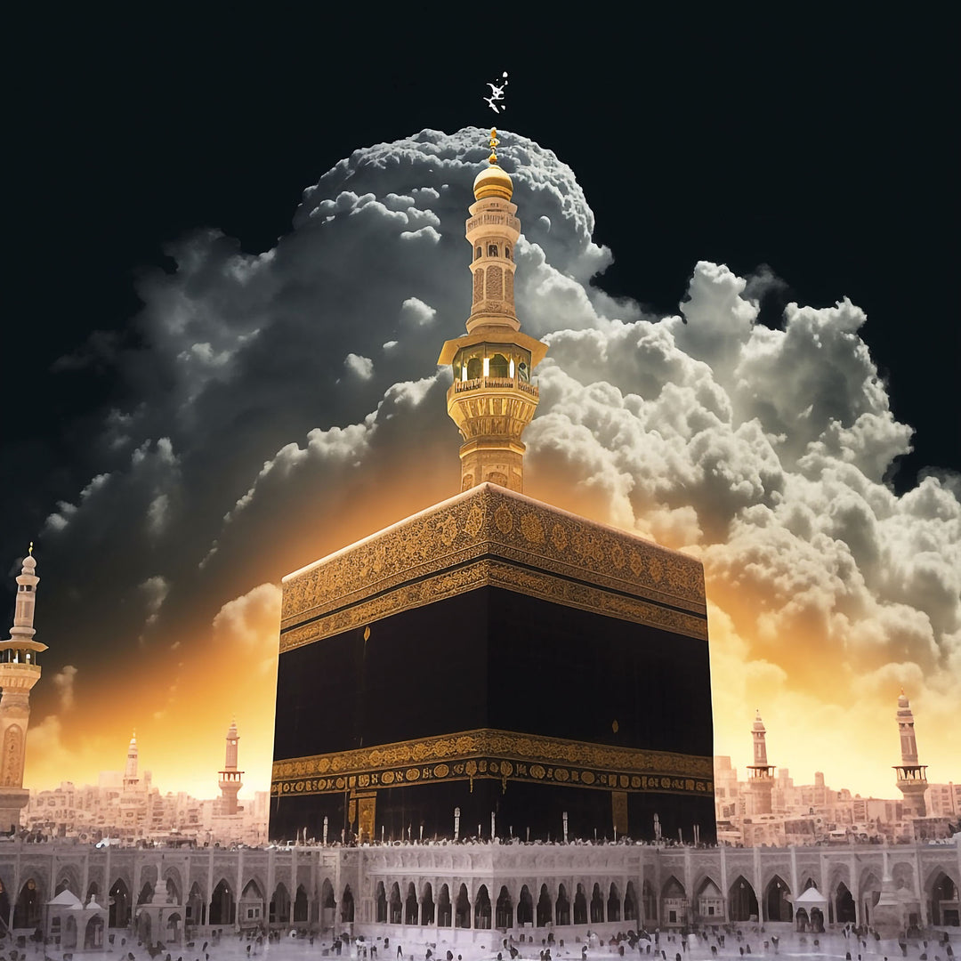 Wadi Home Islamic Kaaba artwork featuring the Kaaba in Mecca illuminated by golden light breaking through clouds, with pilgrims below.