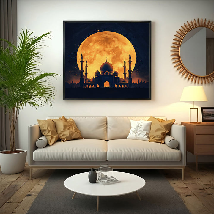 Wadi Home mosque silhouette art featuring a dark blue mosque against a large, glowing orange full moon.