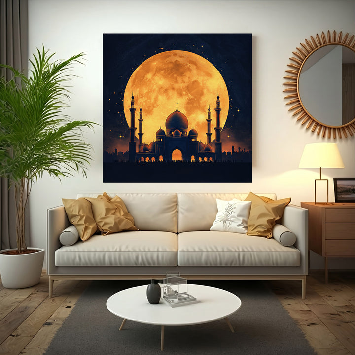 Wadi Home mosque silhouette art with a full moon and stars. Islamic wall art.