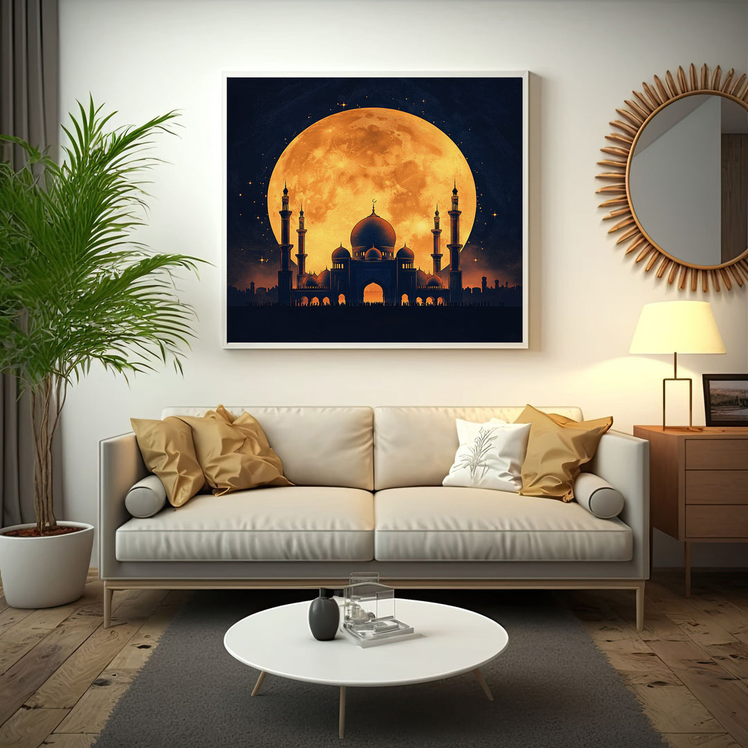 Wadi Home mosque silhouette art under a large, glowing orange full moon. Islamic wall art.