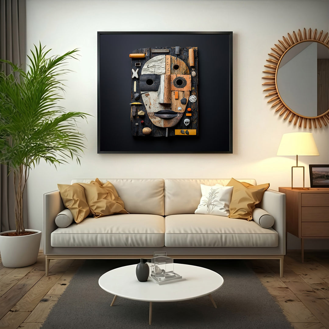 Wadi Home Assemblage Face Wall Art, mixed media sculpture with reclaimed wood, metal, and found objects in neutral tones with rust and ochre accents.