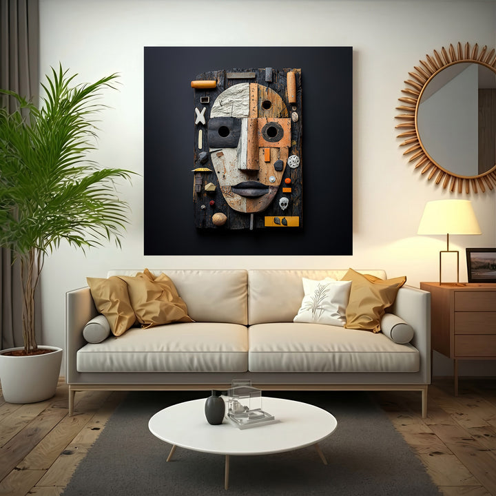 Wadi Home Assemblage Face Wall Art, mixed media sculpture with reclaimed wood, metal, and found objects in neutral tones with rust and ochre accents.