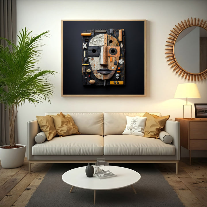 Wadi Home Assemblage Face Wall Art, a textured mixed-media sculpture with reclaimed wood, metal, and found objects in neutral tones with rust and ochre accents.