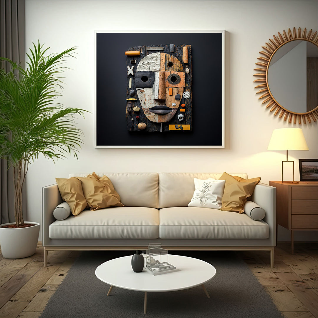 Wadi Home Assemblage Face Wall Art, a textured sculpture of a face made from reclaimed wood, metal, and found objects in neutral tones with rust and ochre accents.