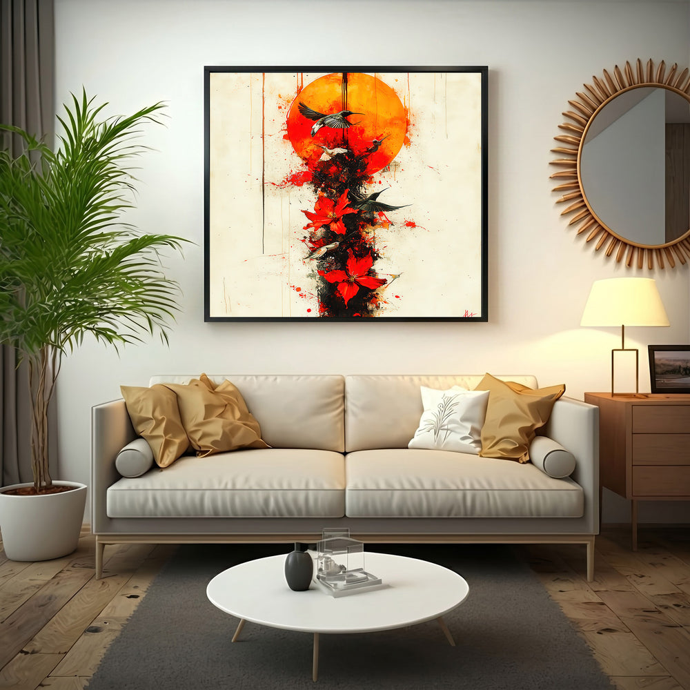 Wadi Home abstract artwork featuring red flowers and birds against a crimson sun. Modern wall art.