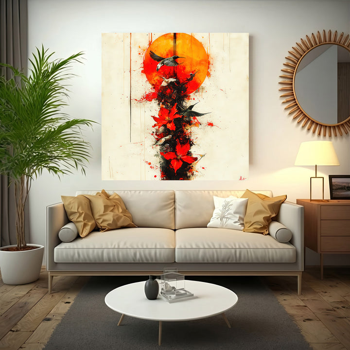 Wadi Home abstract artwork with crimson sun, red flowers, and birds in flight. Dynamic, artistic statement piece.