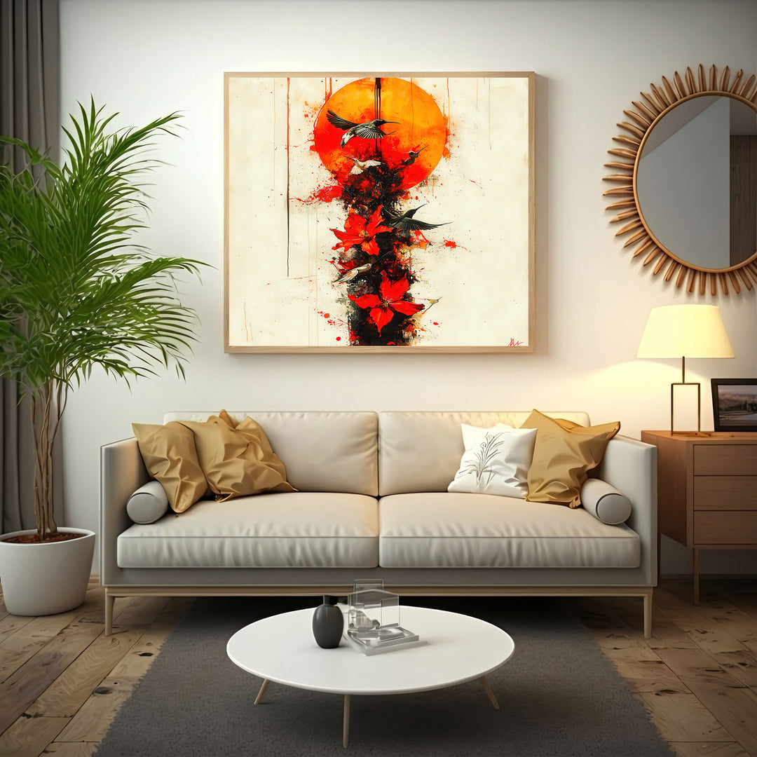 Wadi Home abstract artwork featuring red flowers and birds in flight against a vibrant crimson sun. Modern wall art.