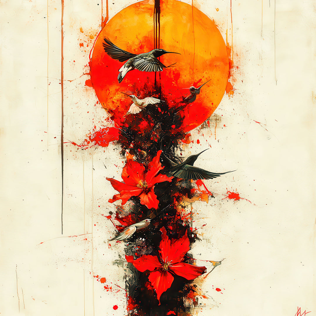 Wadi Home abstract artwork with crimson sun, red flowers, and birds in flight. Dynamic, artistic statement piece.