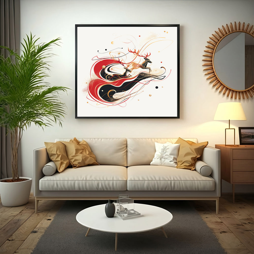 Wadi Home framed art print of leaping reindeer in red, black, and gold abstract swirls. MDF frame with glass front.