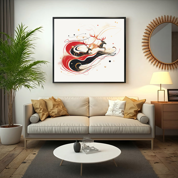 Wadi Home framed art print of leaping reindeer in red, black, and gold abstract swirls. MDF frame with glass front.