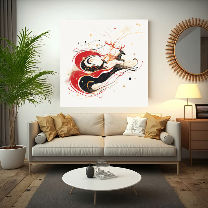 Wadi Home abstract art print featuring leaping deer in red, black, and gold on a cream background.