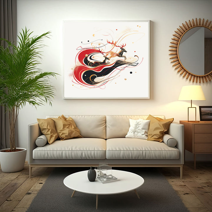Wadi Home framed abstract art print featuring leaping deer in red, black, and gold on a cream background.