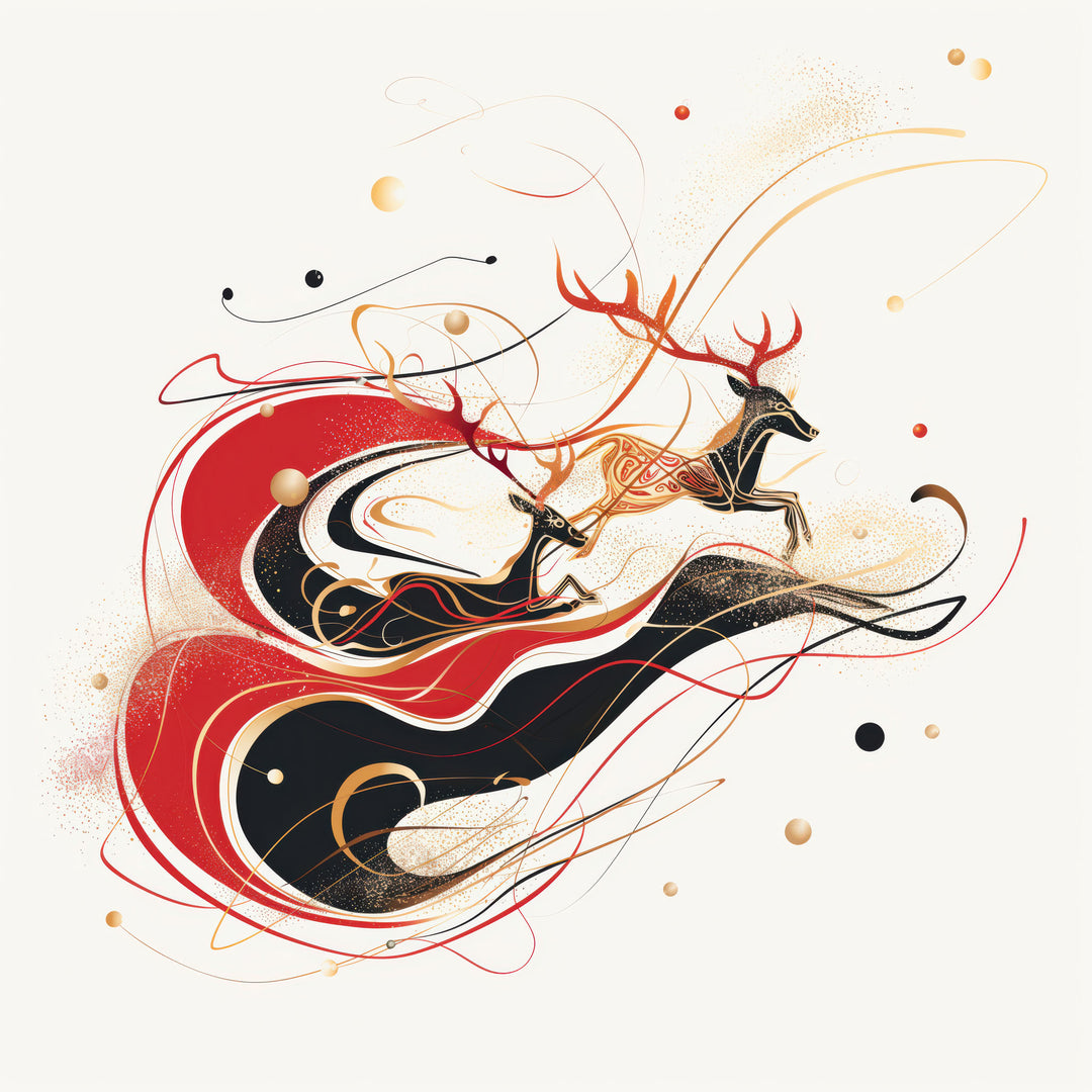 Wadi Home abstract art print featuring leaping deer in red, black, and gold on a cream background.