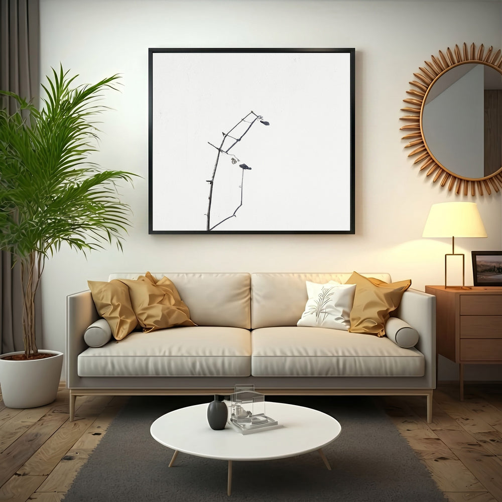 Wadi Home framed minimalist art print of delicate black branches against a white background, with a black MDF frame.