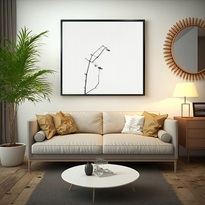 Wadi Home framed minimalist art print of delicate black branches against a white background, with a black MDF frame.