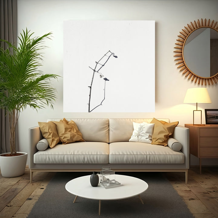 Wadi Home minimalist framed art print of a delicate black branch with small buds against a white background.