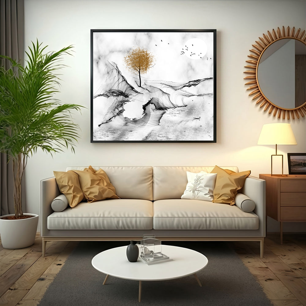 Wadi Home abstract landscape wall art with a golden tree, ink wash style, monochromatic palette, birds, and moon.