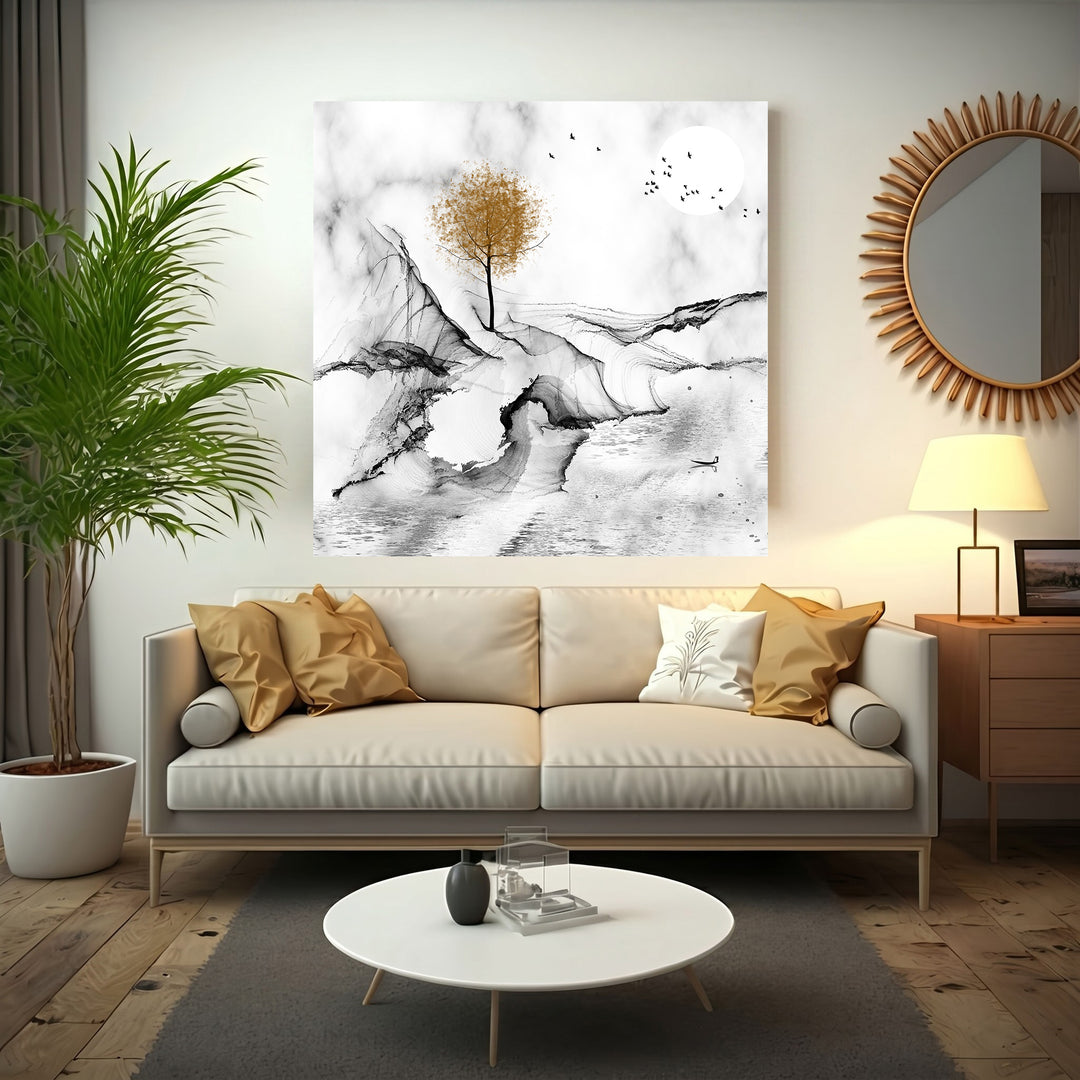 Wadi Home abstract landscape wall art with a golden tree, ink wash style, birds, and moon. Monochromatic with gold accent.
