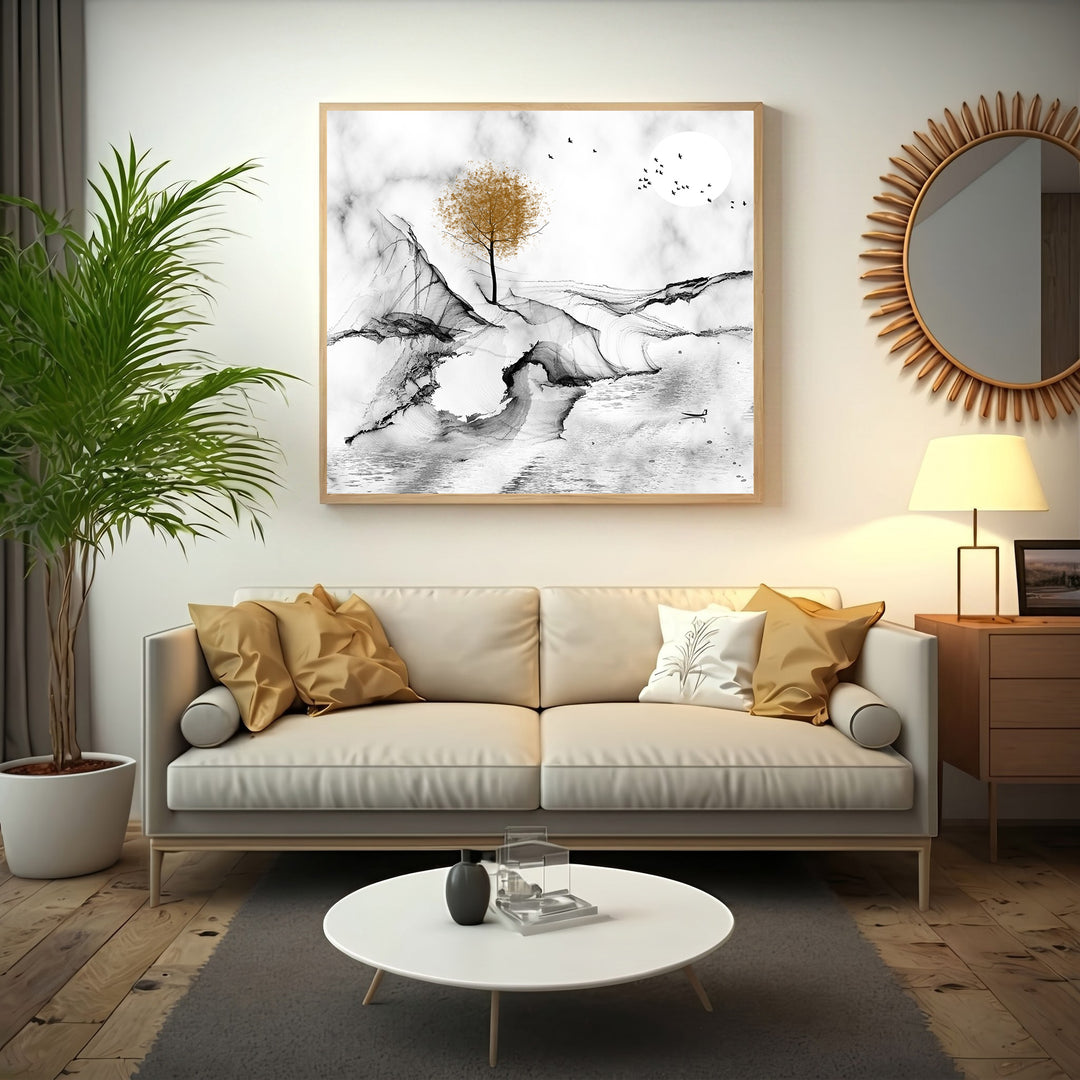 Wadi Home abstract landscape wall art with a golden tree, ink wash style, monochromatic palette, and a moon.