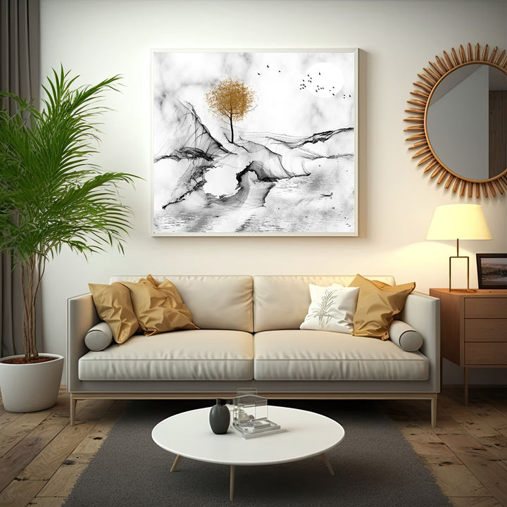 Wadi Home abstract landscape wall art with a golden tree, ink wash style, monochromatic palette, birds, and moon.