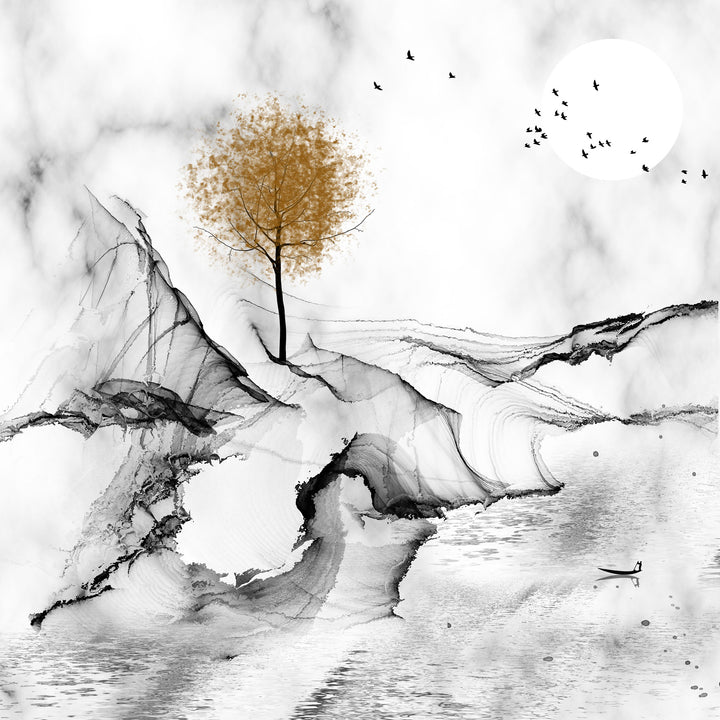 Wadi Home abstract landscape wall art with a golden tree, ink wash style, birds, and moon. Monochromatic with gold accent.