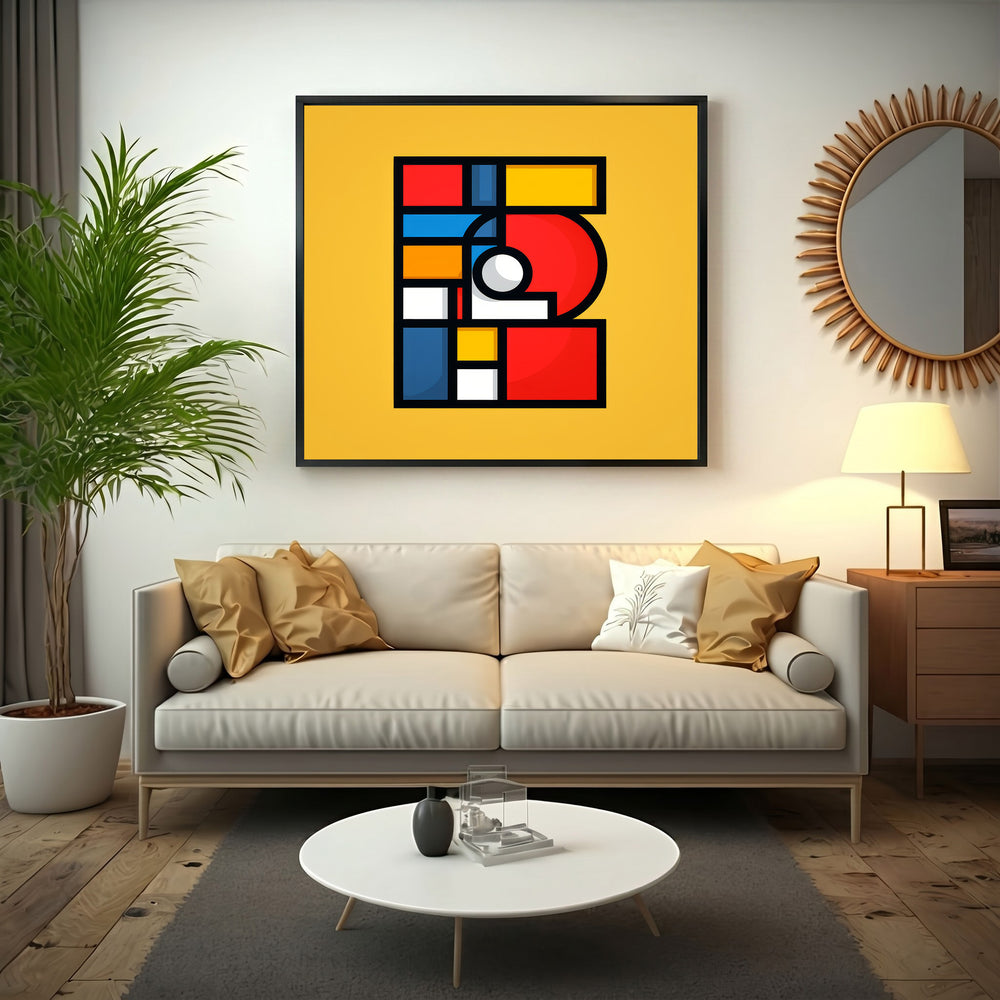 Wadi Home abstract geometric wall art with yellow background, red, blue, and white shapes. Modern art.