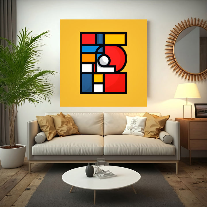 Wadi Home abstract geometric wall art with yellow background, red, blue, and white shapes.